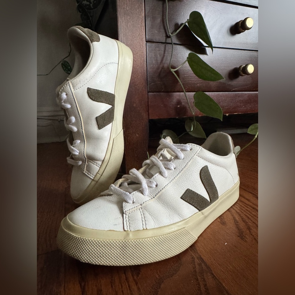 Veja Women’s Campo Low Top Sneakers in White with Khaki Logo